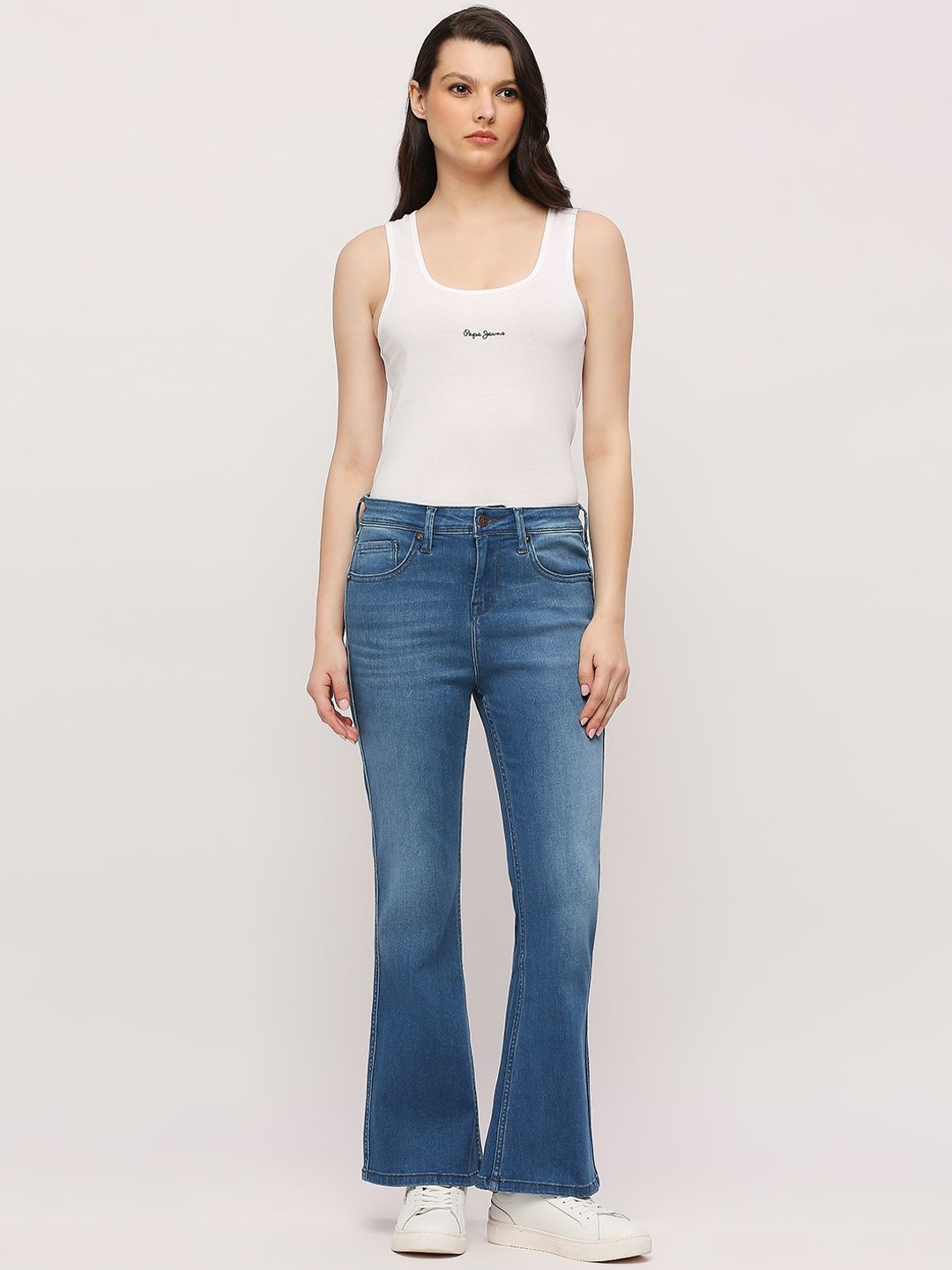 

Pepe Jeans Women Flared High-Rise Light Fade Stretchable Jeans, Blue