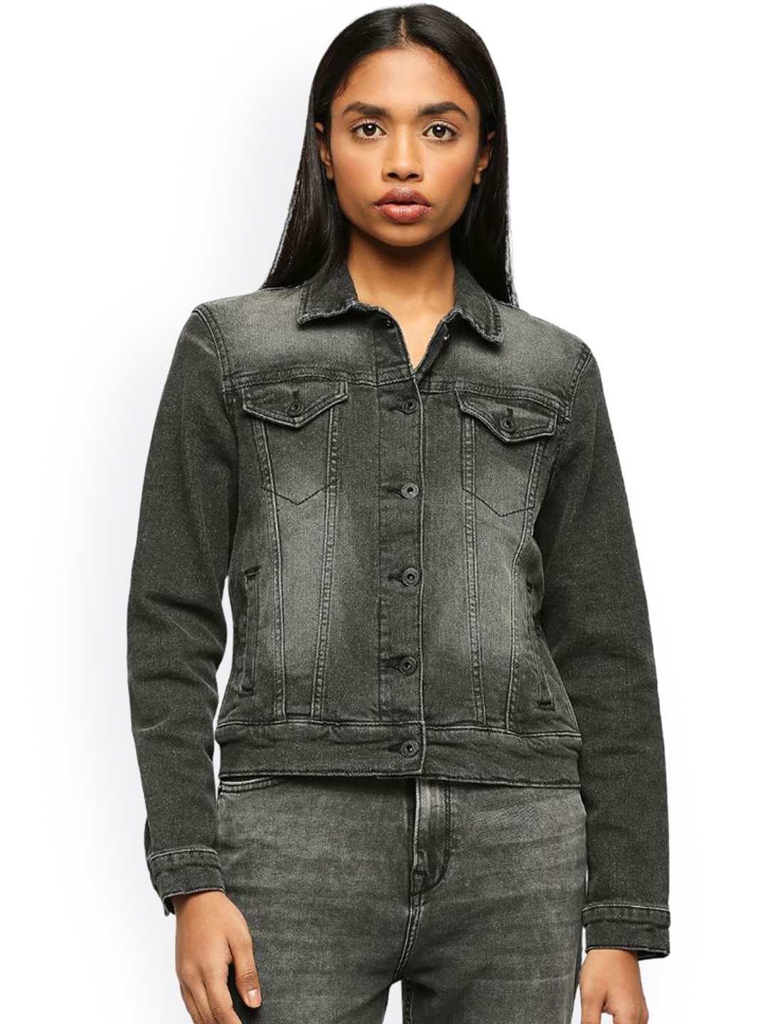 

Pepe Jeans Spread Collar Washed Crop Denim Jacket, Black