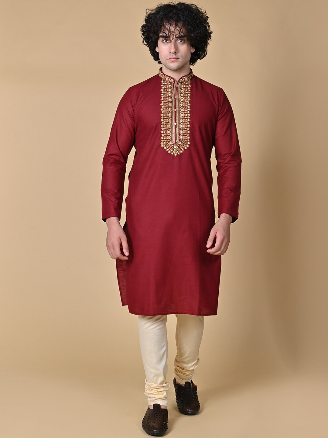 

MAAHI FABS Ethnic Motifs Yoke Design Thread Work Straight Kurta With Churidar, Red