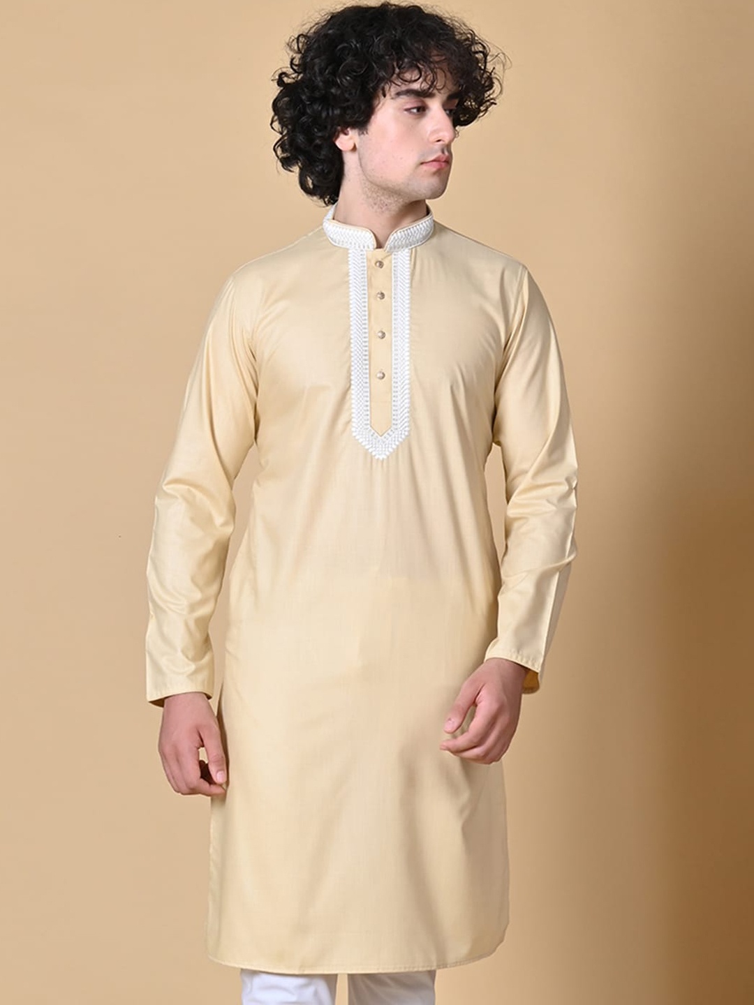 

MAAHI FABS Yoke Design Regular Thread Work Kurta with Churidar, Cream