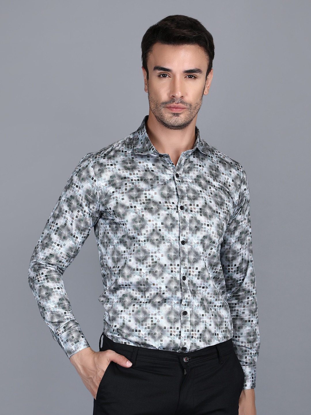 

DEZANO Modern Abstract Printed Spread Collar Satin Casual Shirt, White