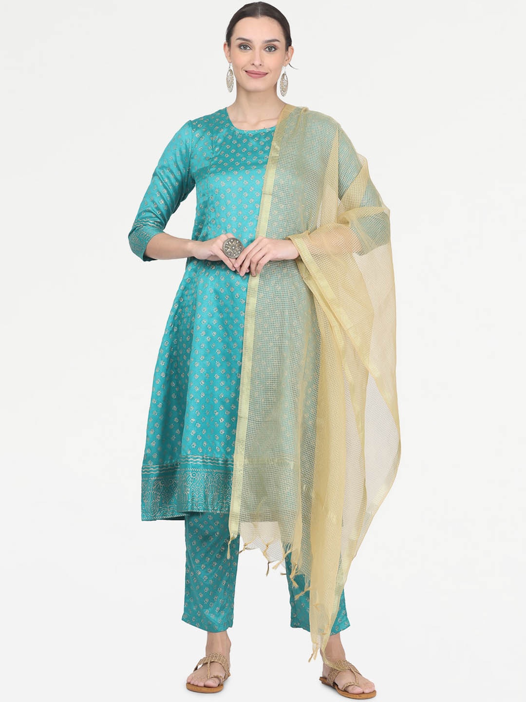 

KAANCHIE NANGGIA Floral Printed Regular Kurta With Trousers & Dupatta, Green
