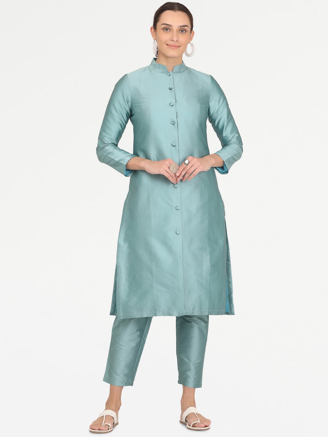 

KAANCHIE NANGGIA Mandarin Collar Regular Kurta with Trousers, Blue