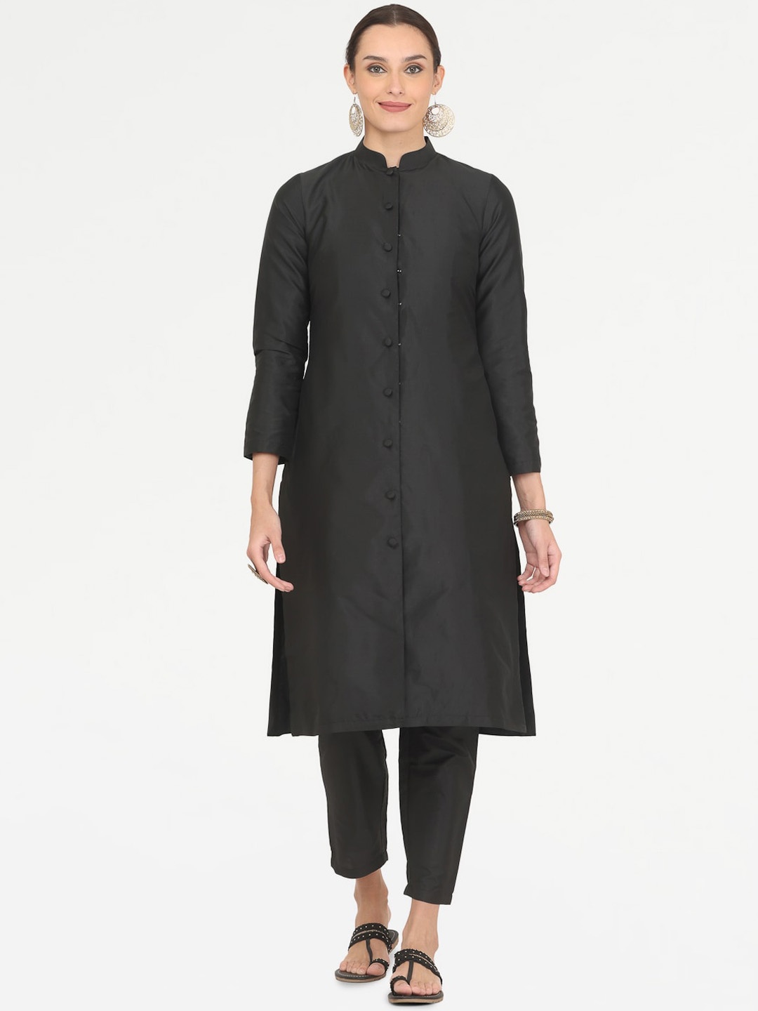

KAANCHIE NANGGIA Mandarin Collar Regular Kurta with Trousers, Black