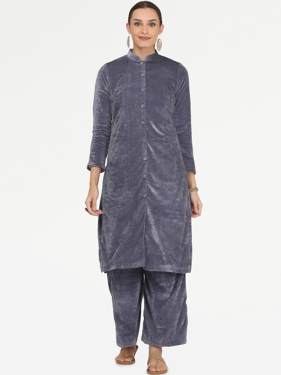 

KAANCHIE NANGGIA Mandarin Collar Regular Kurta with Trousers, Grey