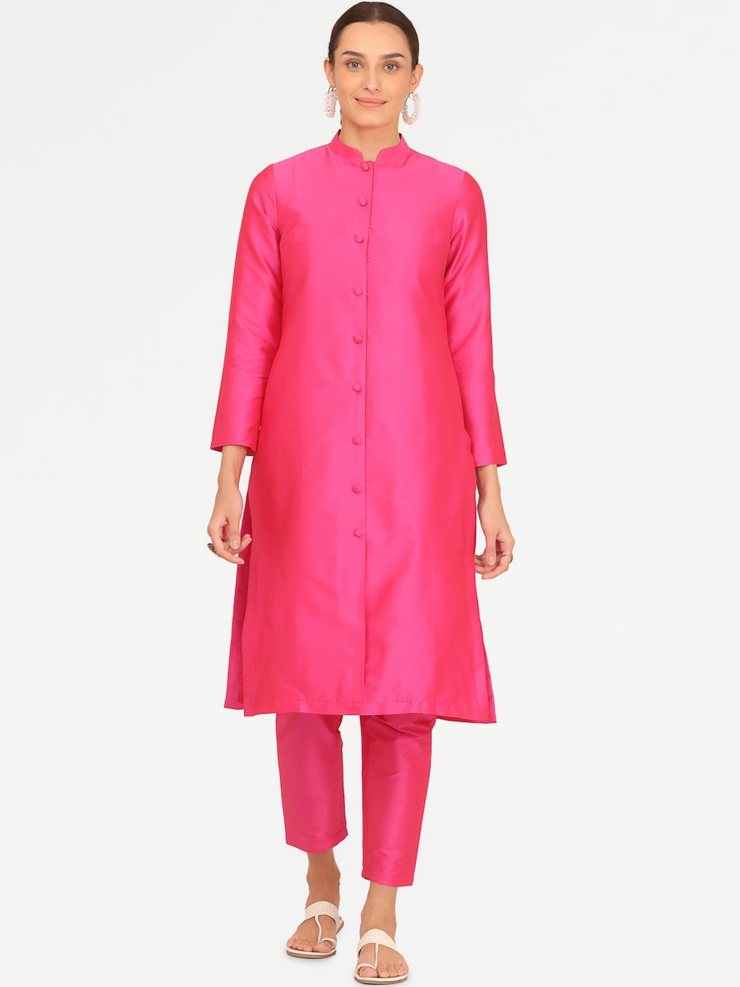 

KAANCHIE NANGGIA Mandarin Collar Regular Kurta with Trousers, Pink