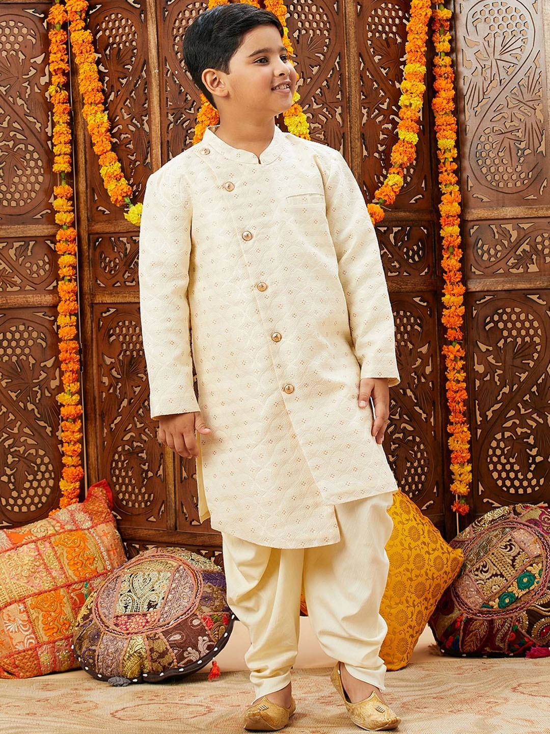 

Stylo Bug Boys Floral Embroidered Regular Kurta with Dhoti Pants, Off white