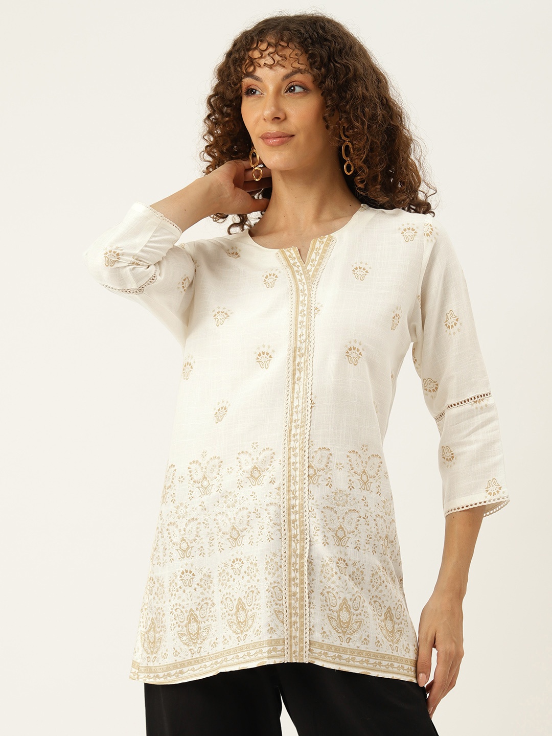 

Rue Collection Ethnic Motifs Printed Kantha Work Pure Cotton Kurti, Off white