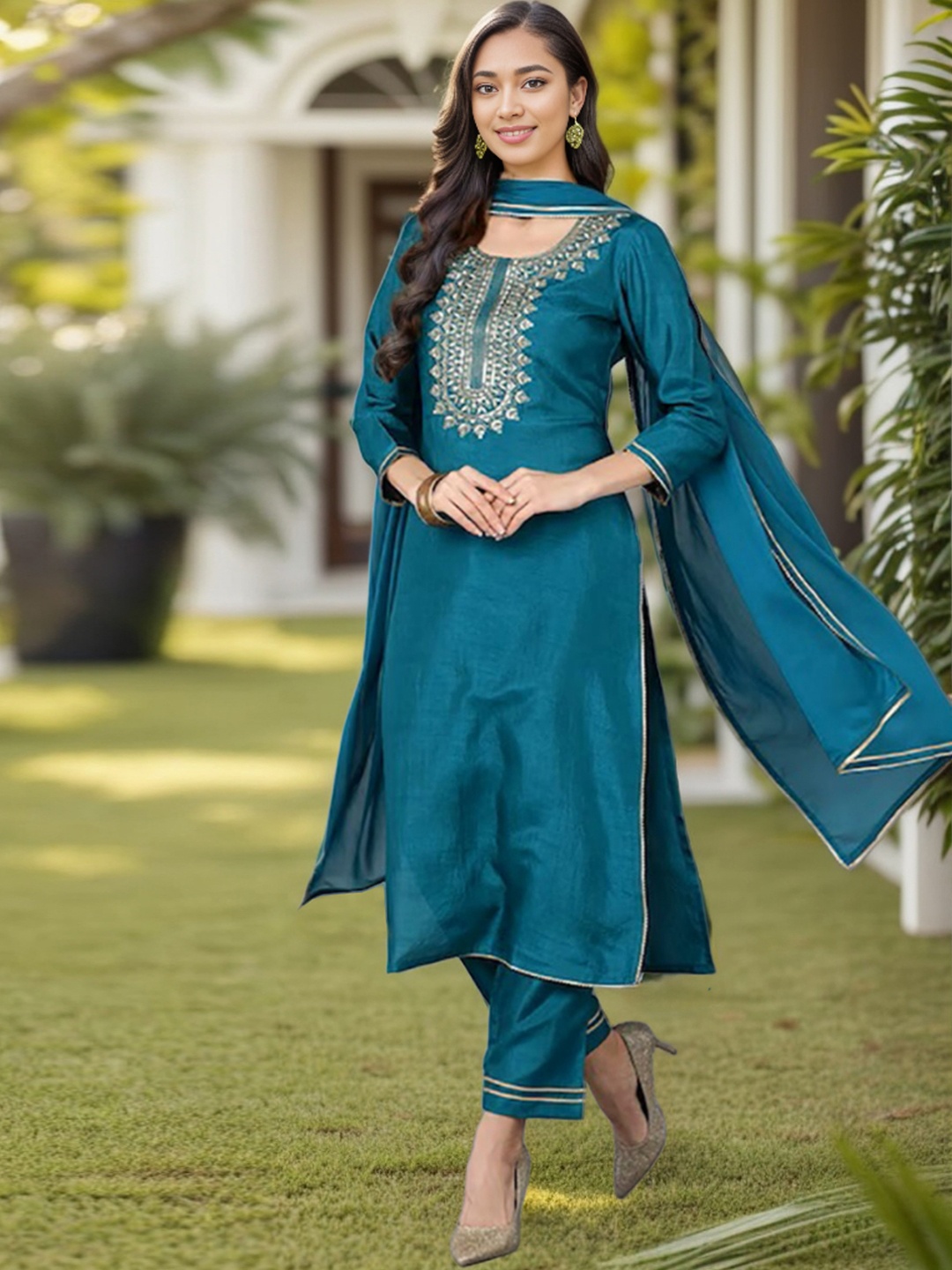 

AHIKA Yoke Design Regular Kurta with Trousers & With Dupatta, Teal