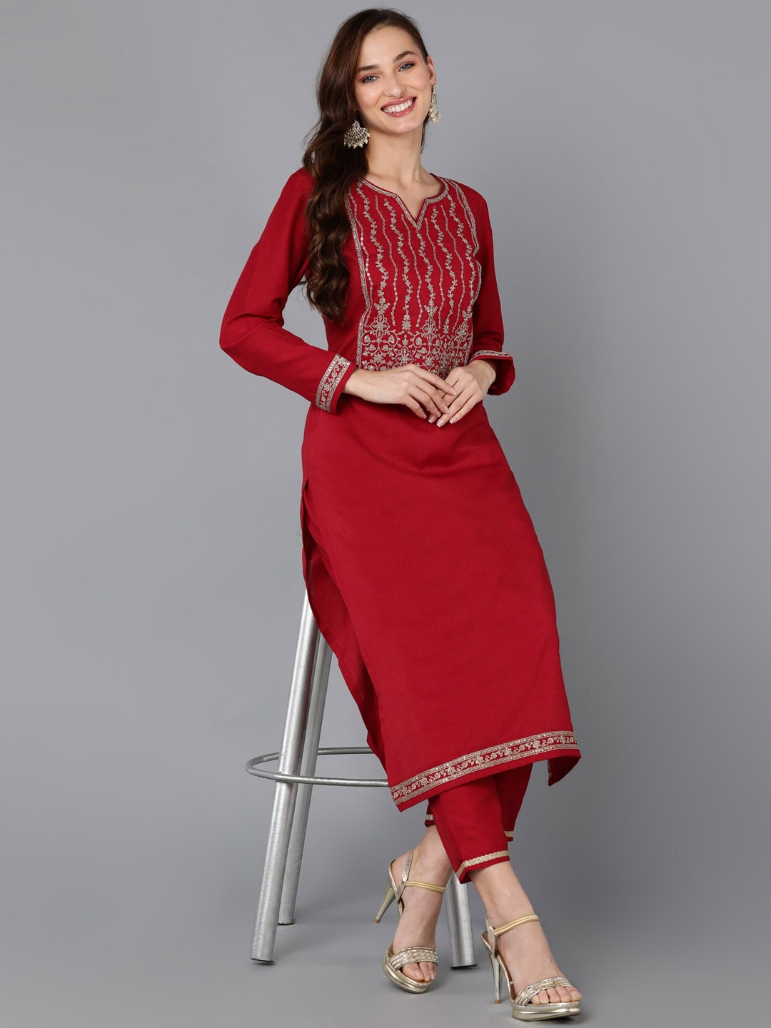 

AHIKA Yoke Design Round Neck Long Sleeves Straight Thread Work Silk Blend Kurta, Red