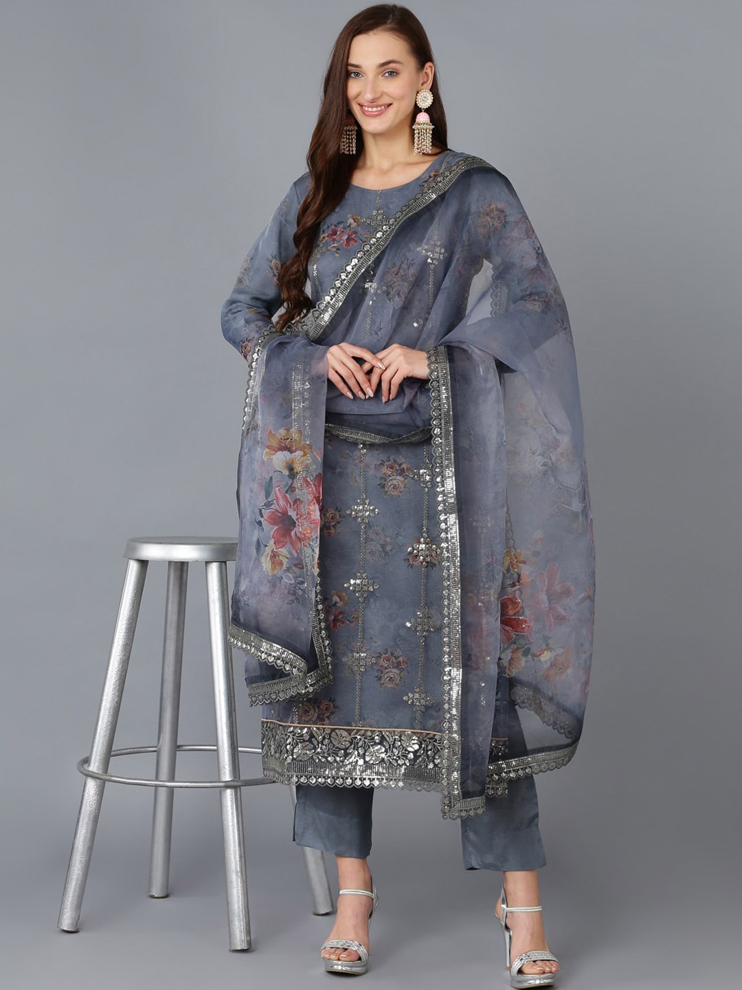 

AHIKA Floral Embroidered Regular Sequinned Organza Kurta With Trousers & Dupatta, Grey