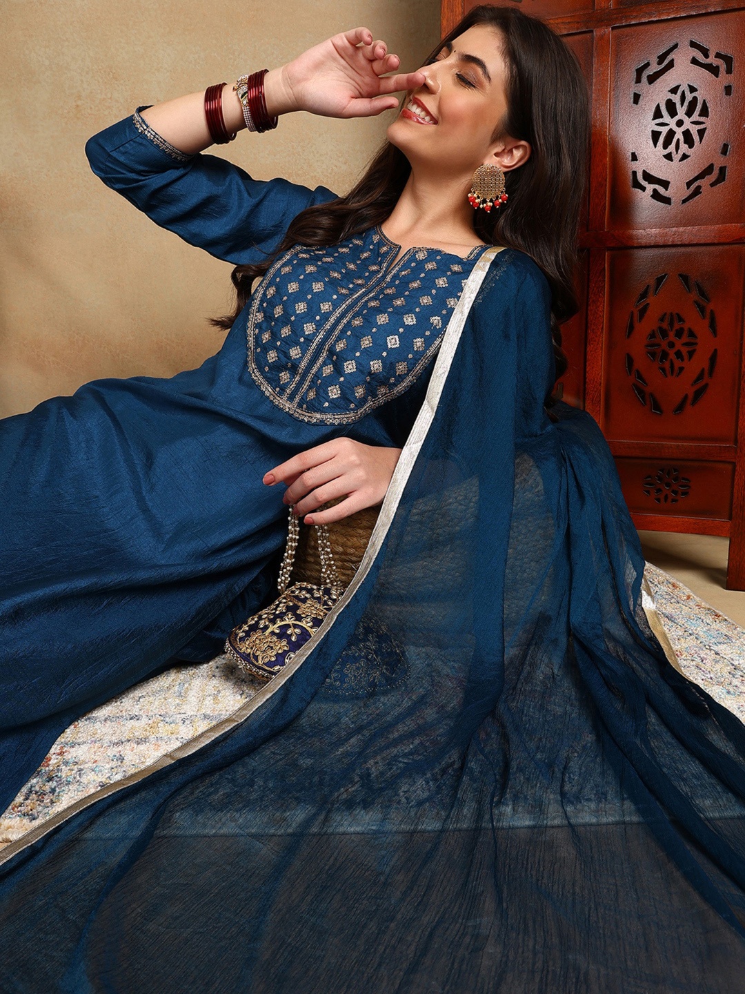 

AHIKA Yoke Design Sequinned Kurta With Trousers & Dupatta, Blue