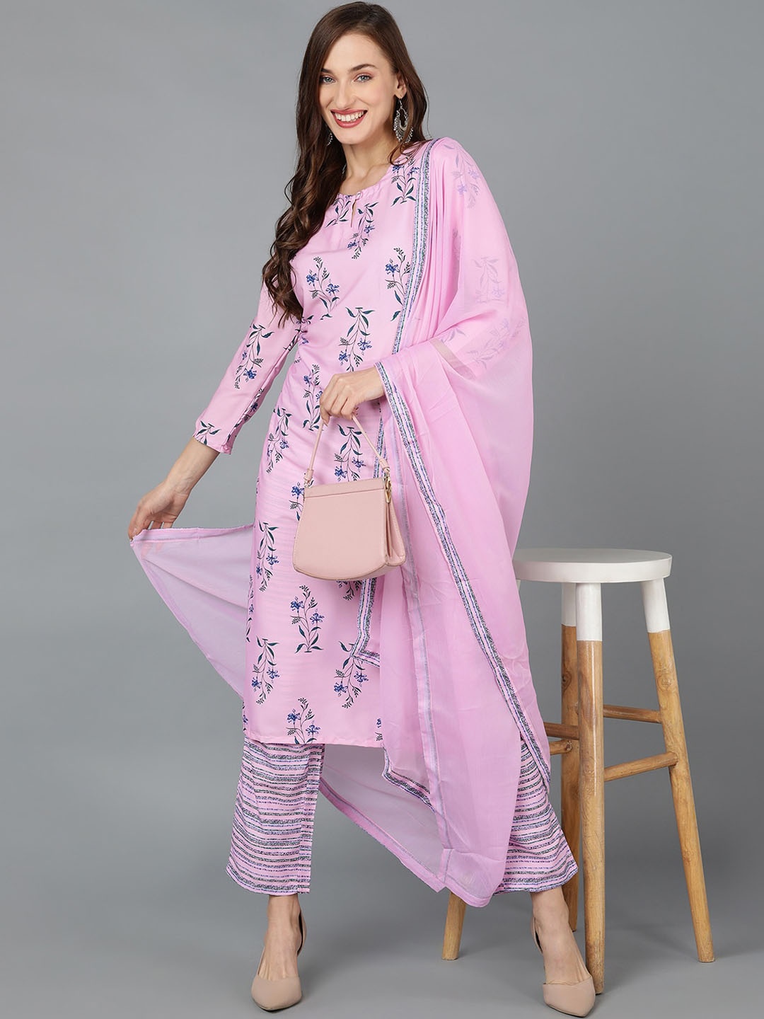 

AHIKA Floral Printed Regular Kurta With Palazzos & Dupatta, Pink