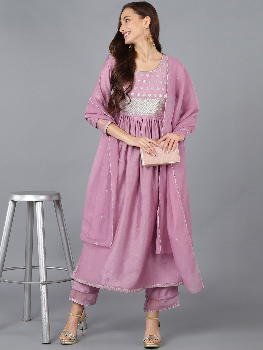 

AHIKA Floral Yoke Design Sequinned Kurta With Trousers & Dupatta, Lavender