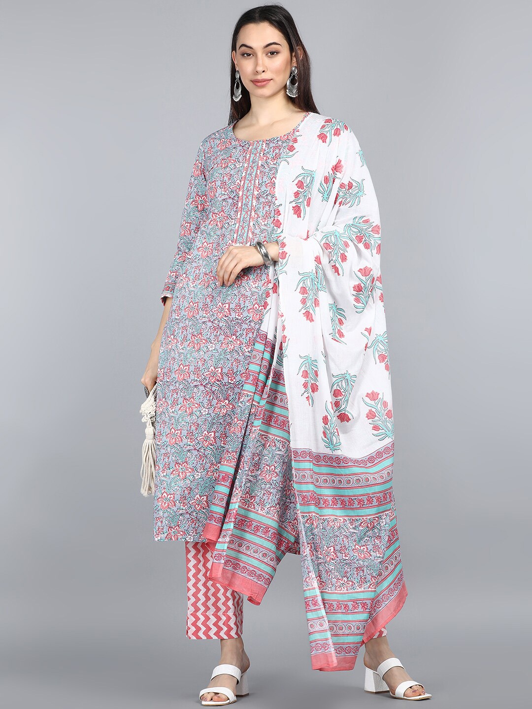 

AHIKA Floral Printed Kurta & Trousers With Dupatta, White