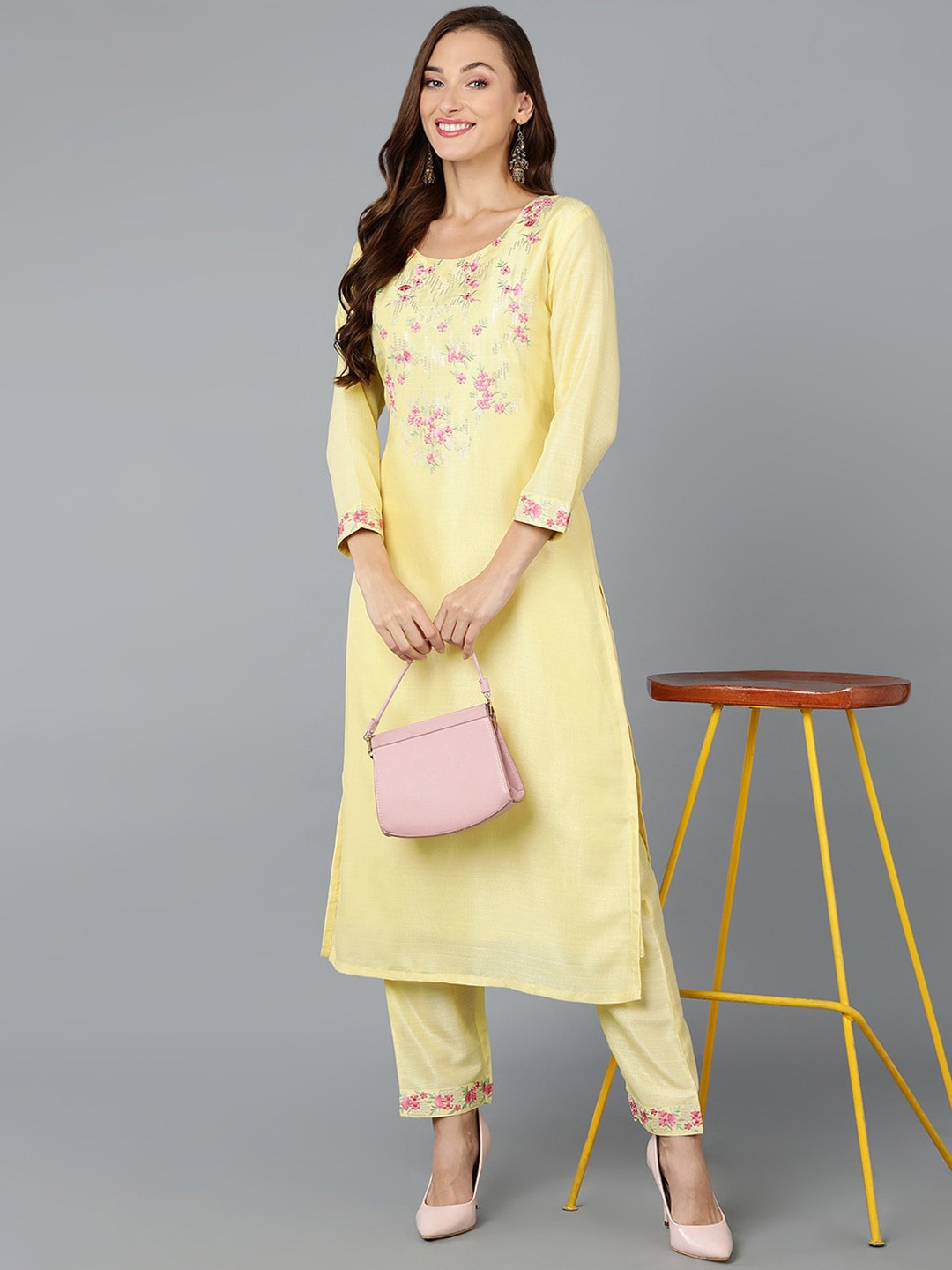 

AHIKA Floral Embroidered Round Neck Sequins Straight Kurta, Yellow