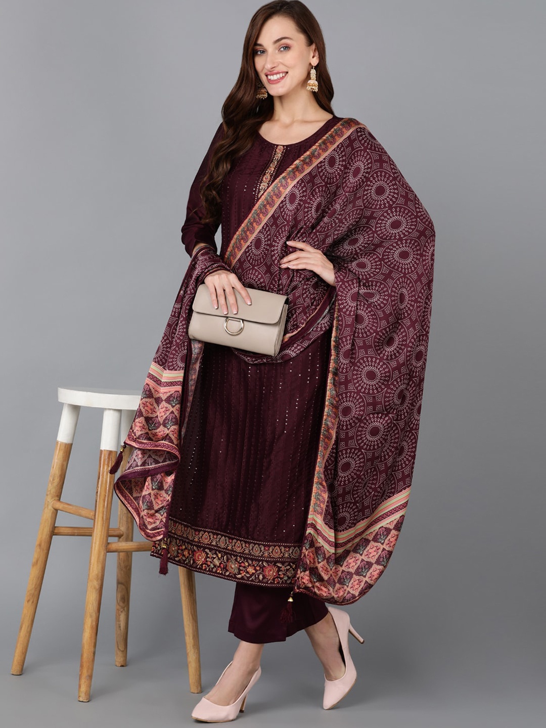 

AHIKA Embroidered Sequinned Kurta With Trousers & Dupatta, Maroon