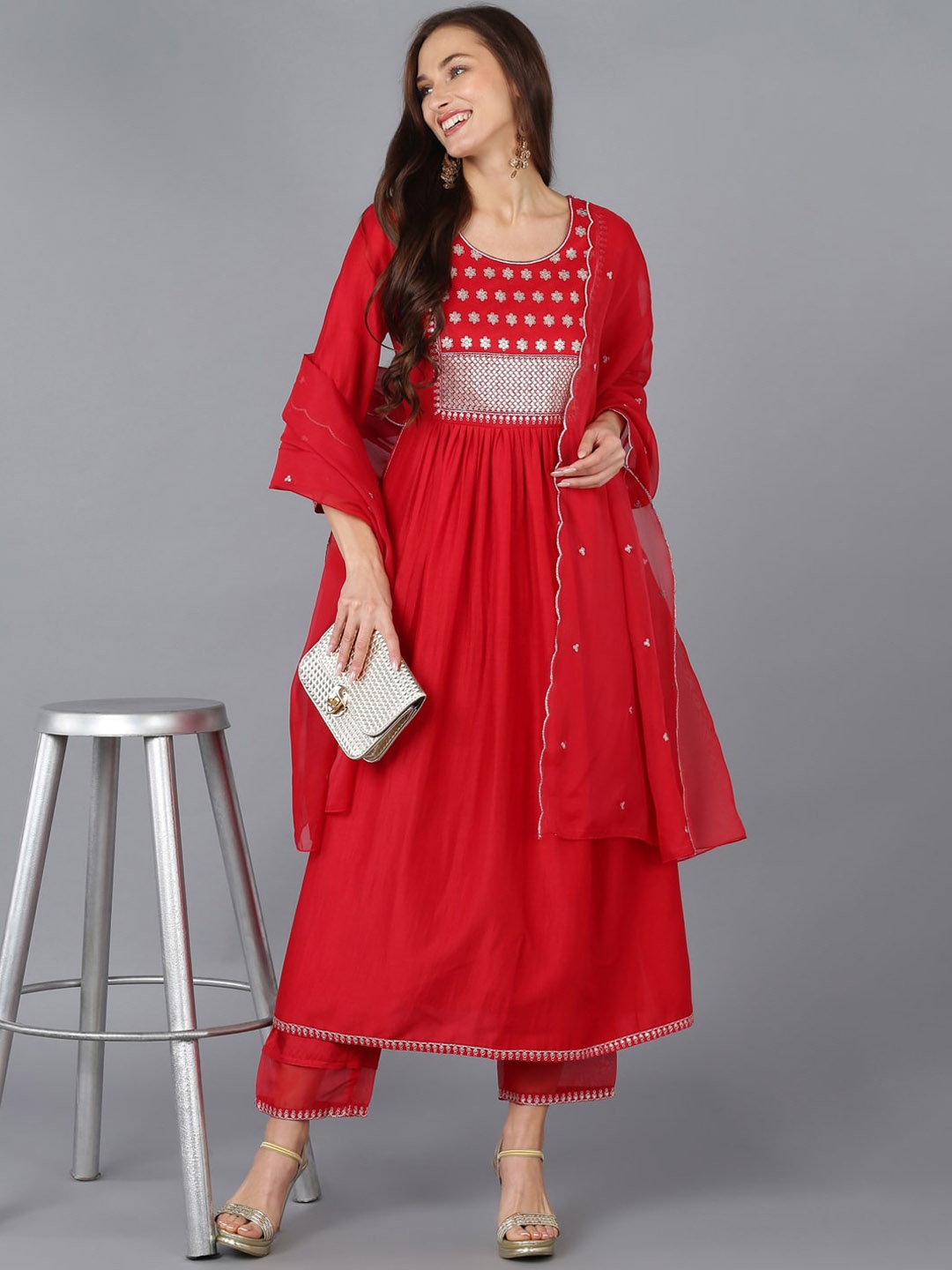 

AHIKA Floral Embroidered Empire Sequinned Anarkali Kurta With Trousers & Dupatta, Red