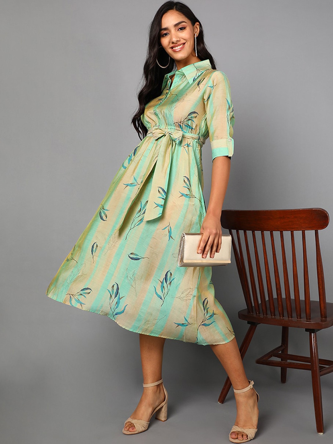 

AHIKA Floral Printed Shirt Collar Roll-Up Sleeves Cotton A-Line Midi Dress, Cream