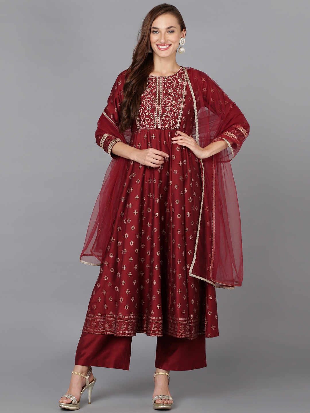 

AHIKA Maroon Ethnic Motifs Printed Embroidered A-Line Kurta With Trousers & Dupatta