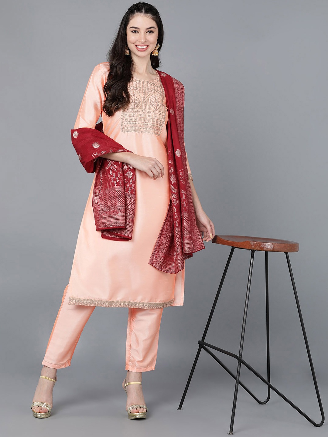 

AHIKA Floral Embroidered Regular Kurta with Trousers & Dupatta, Peach