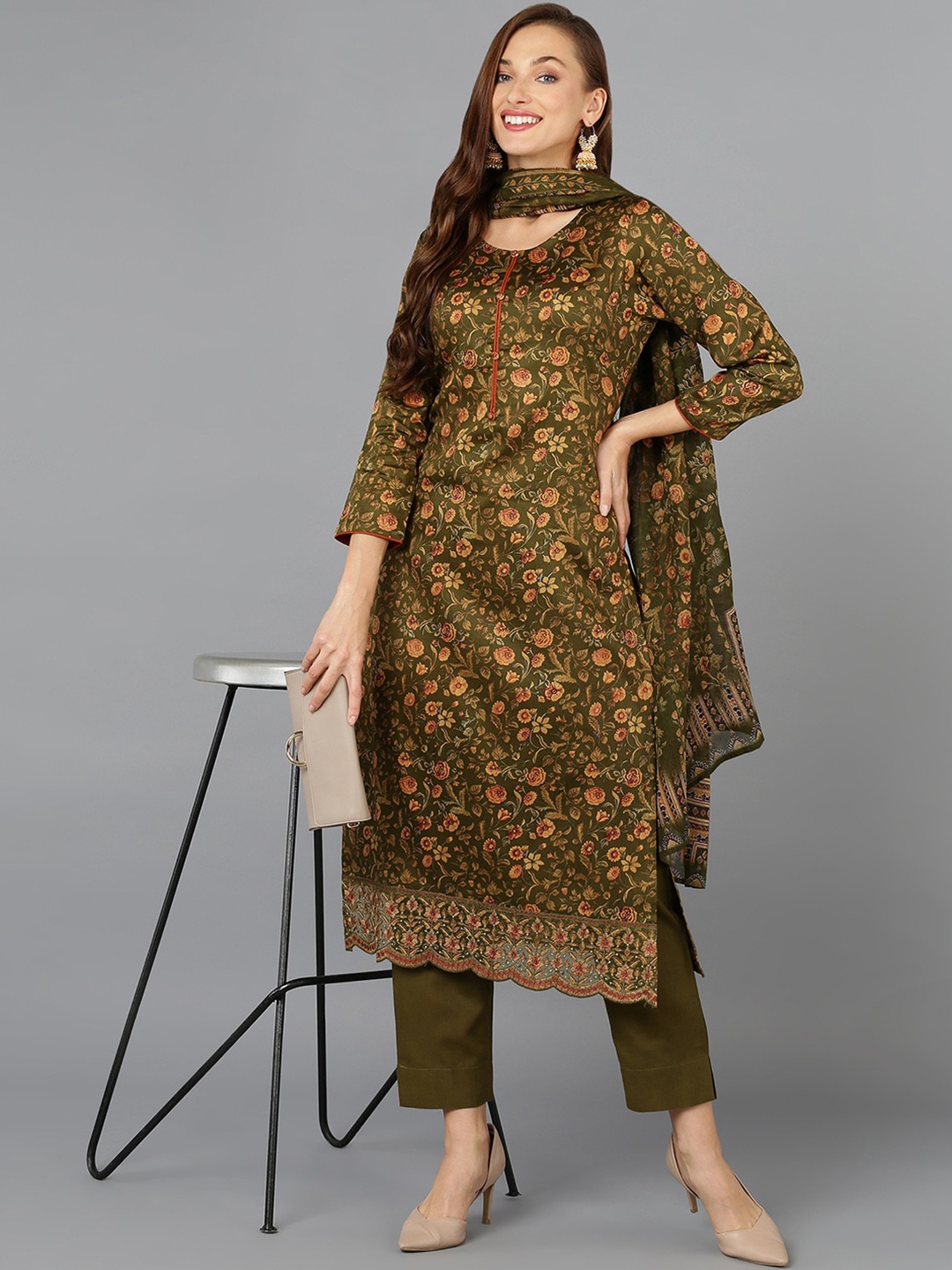

AHIKA Floral Printed Pure Cotton Straight Kurta With Trousers & Dupatta, Olive