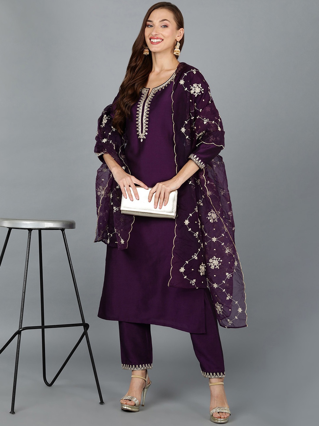 

AHIKA Floral Embroidered Sequinned Straight Kurta With Trousers & Dupatta, Purple