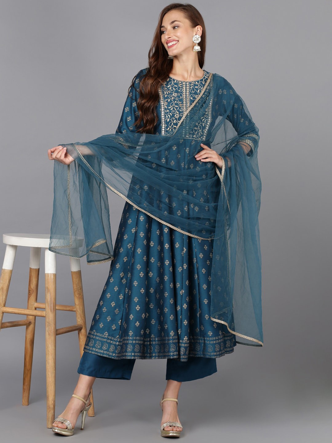 AHIKA Ethnic Motifs Printed Empire Mirror Work Anarkali Kurta With Trousers & Dupatta, Blue