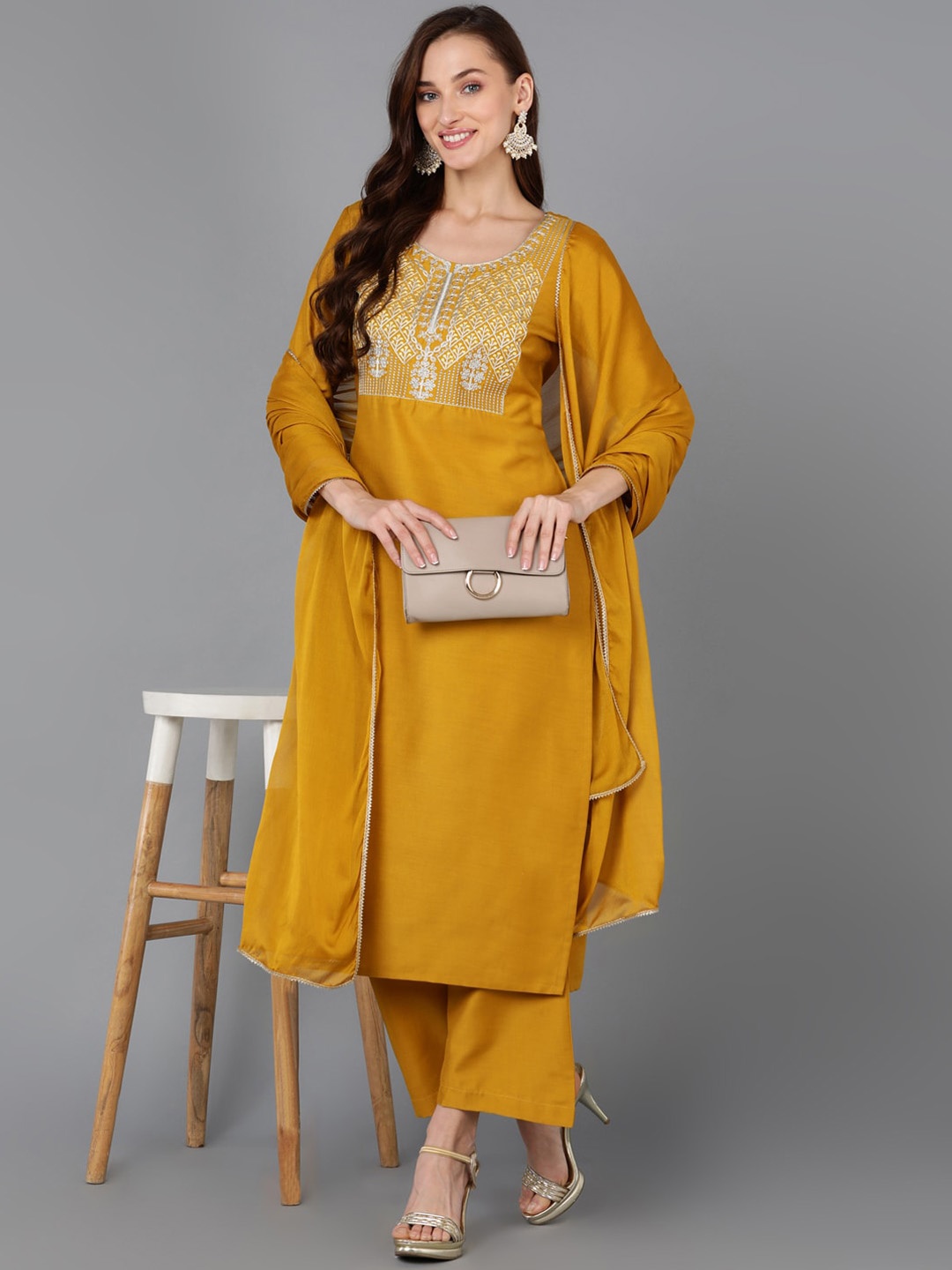 

AHIKA Yoke Design Regular Sequinned Kurta with Palazzos & Dupatta, Mustard