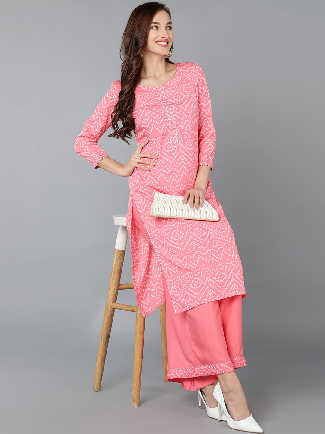 

AHIKA Bandhani Printed Straight Kurta With Palazzos, Coral