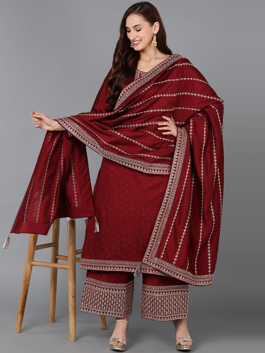 

AHIKA Floral Embroidered Regular Sequinned Kurta with Palazzos & Dupatta, Maroon