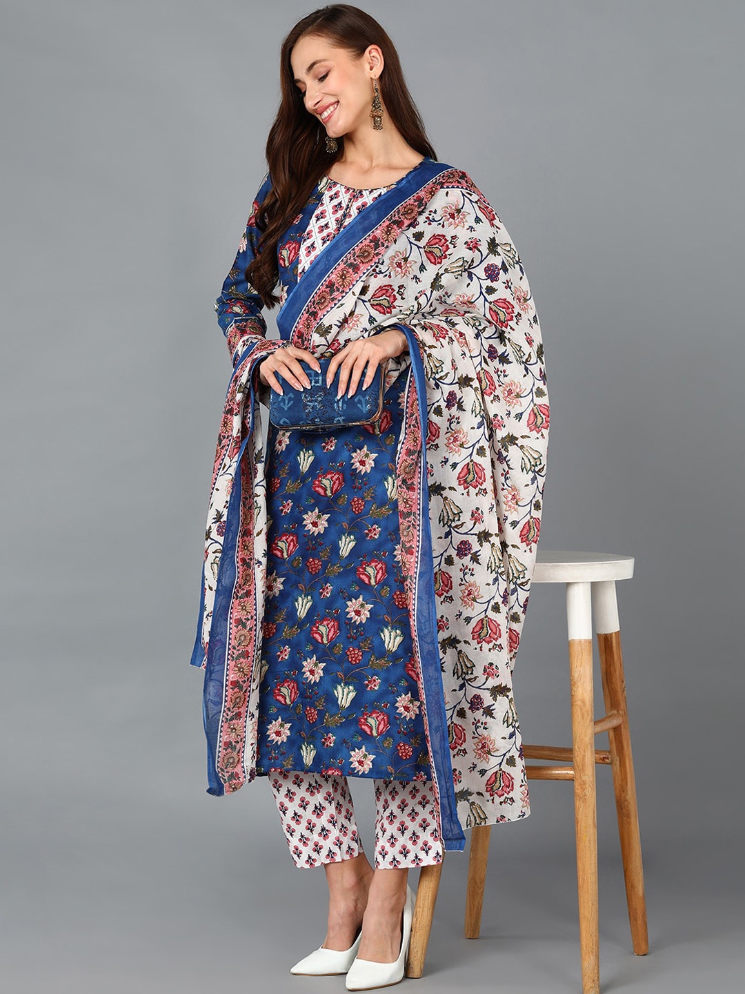

AHIKA Floral Printed Straight Kurta With Trousers & Dupatta, Blue