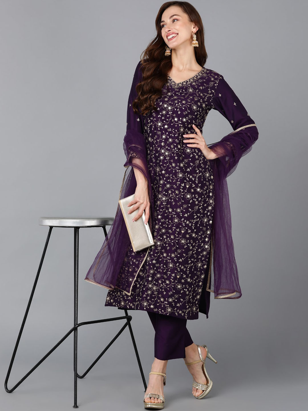 

AHIKA Floral Embroidered Sequinned Straight Kurta With Trousers & Dupatta, Purple