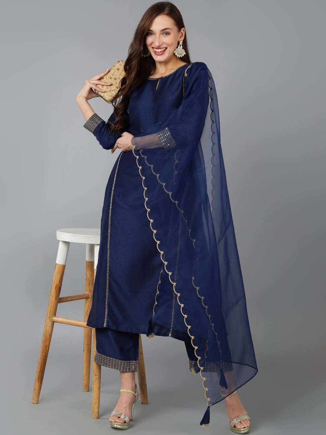 

AHIKA Keyhole Neck Regular Kurta with Trousers & Dupatta, Navy blue