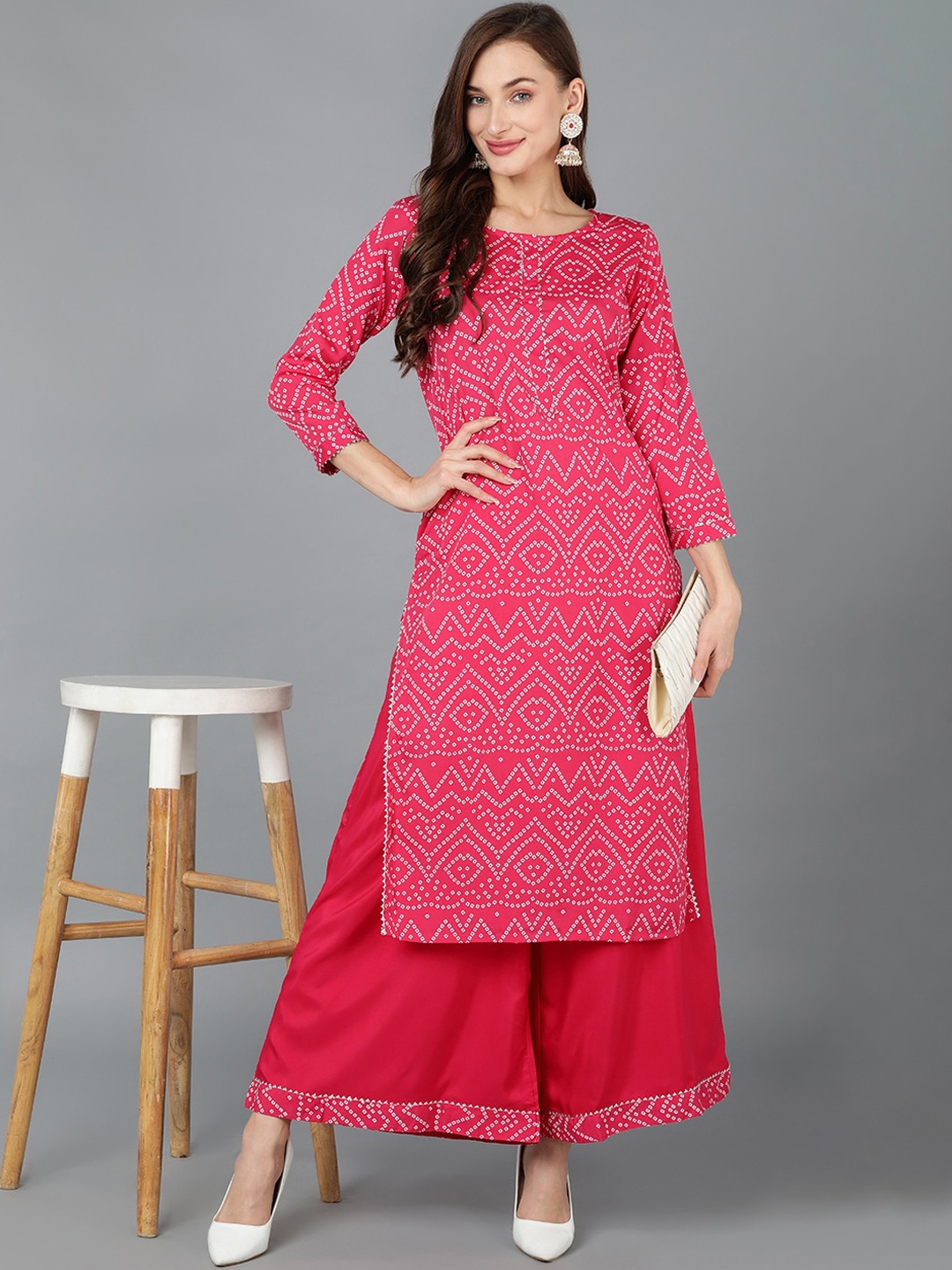 

AHIKA Bandhani Printed Gotta Patti Regular Kurta with Palazzos, Magenta