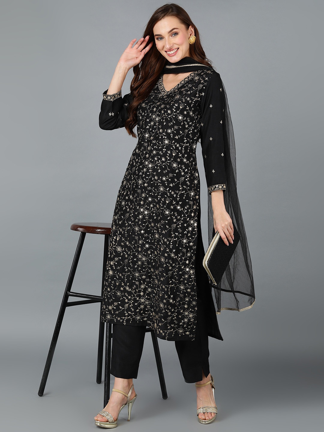 

AHIKA Floral Embroidered Regular Sequinned Kurta with Trousers & Dupatta, Black