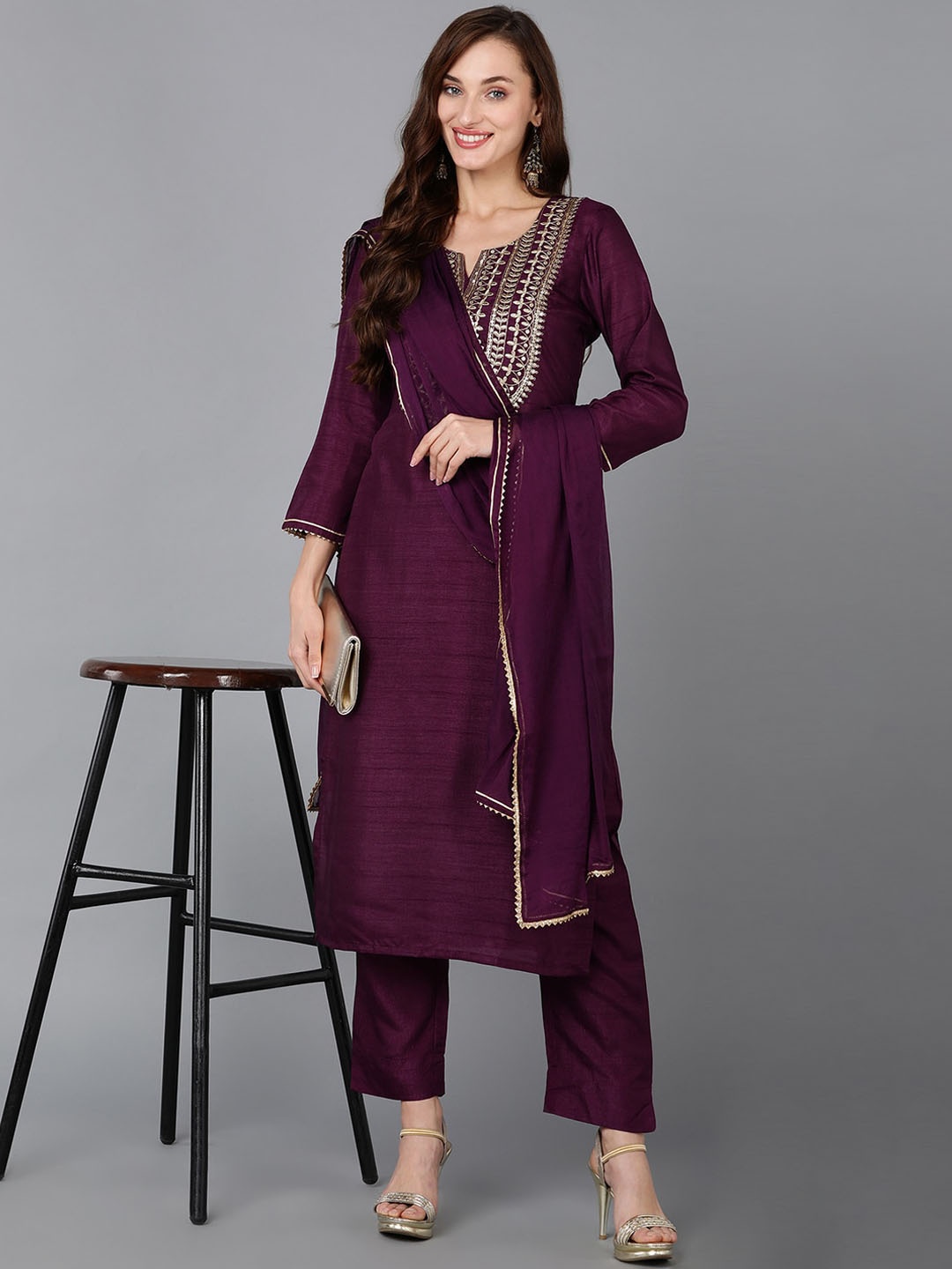 

AHIKA Ethnic Motifs Embroidered Regular Kurta with Trousers & Dupatta, Purple