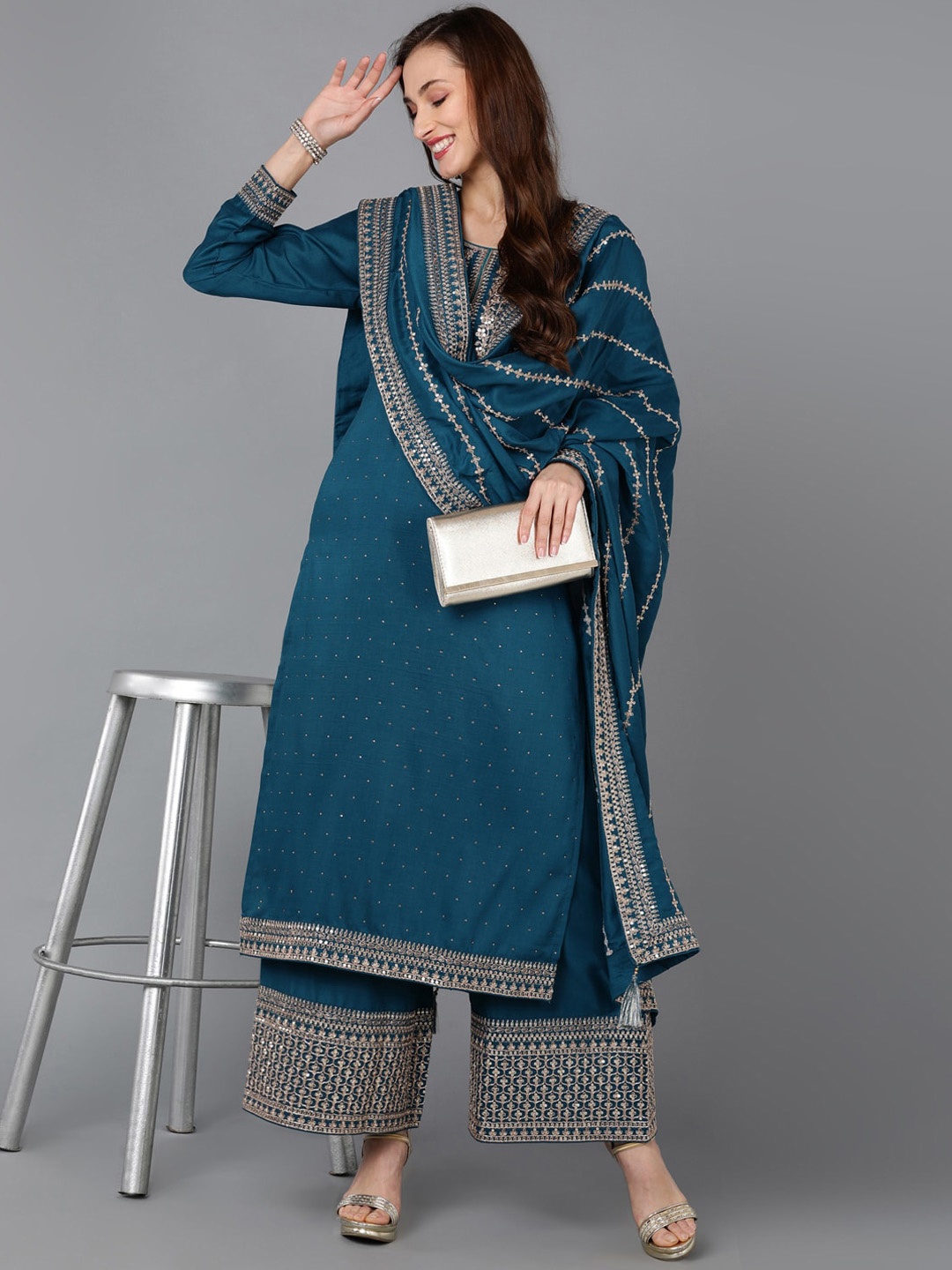 

AHIKA Floral Yoke Design Sequinned Kurta With Palazzos & Dupatta, Teal