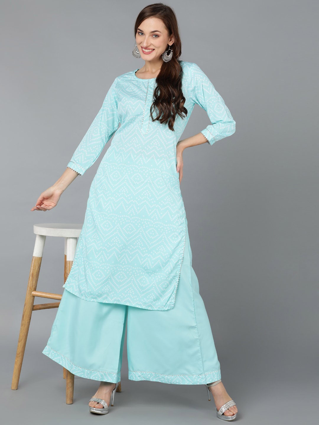 

AHIKA Bandhani Printed Regular Kurta with Palazzos, Turquoise blue