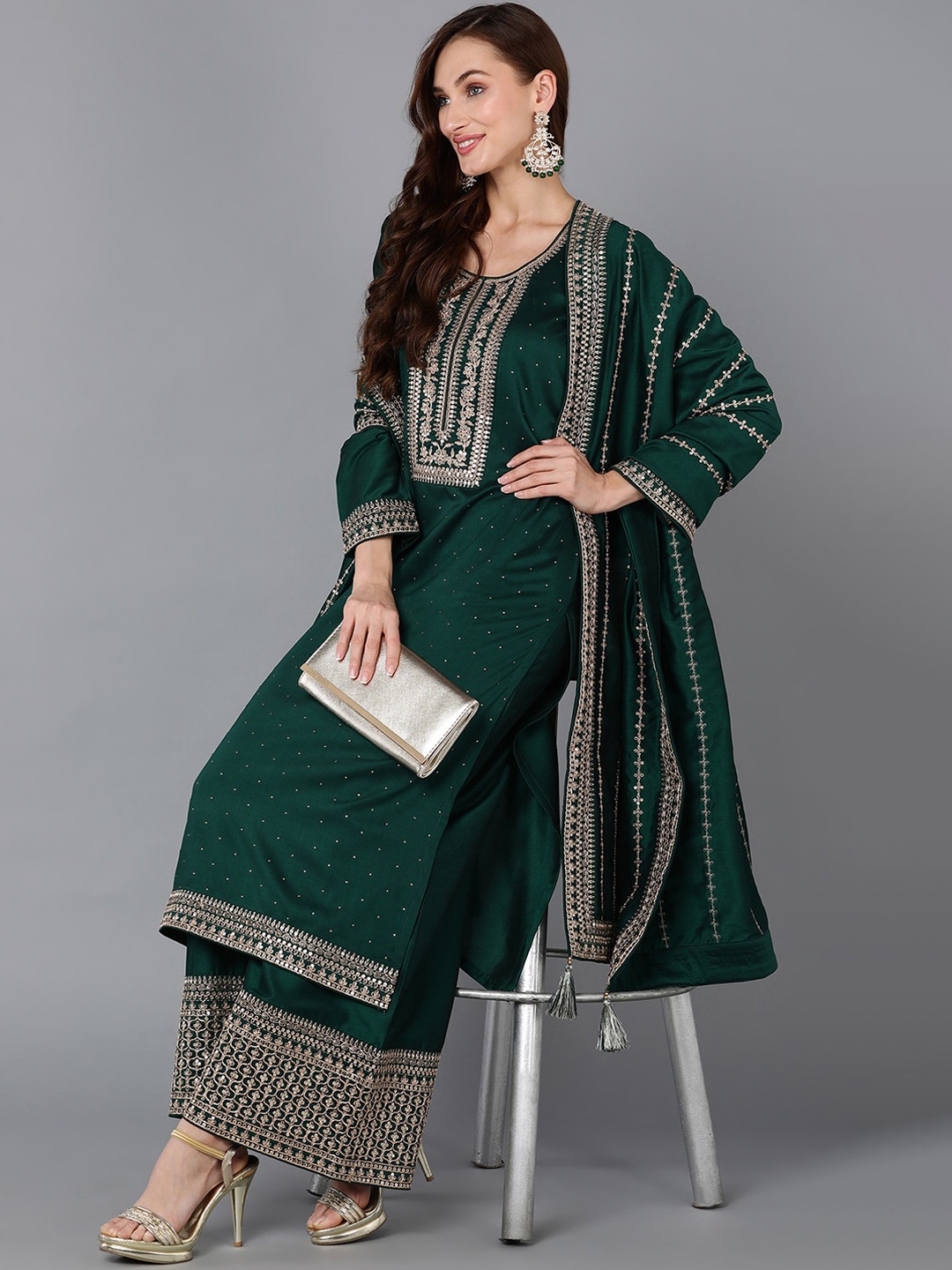 

AHIKA Ethnic Motifs Embroidered Regular Sequinned Kurta with Palazzos & With Dupatta, Green