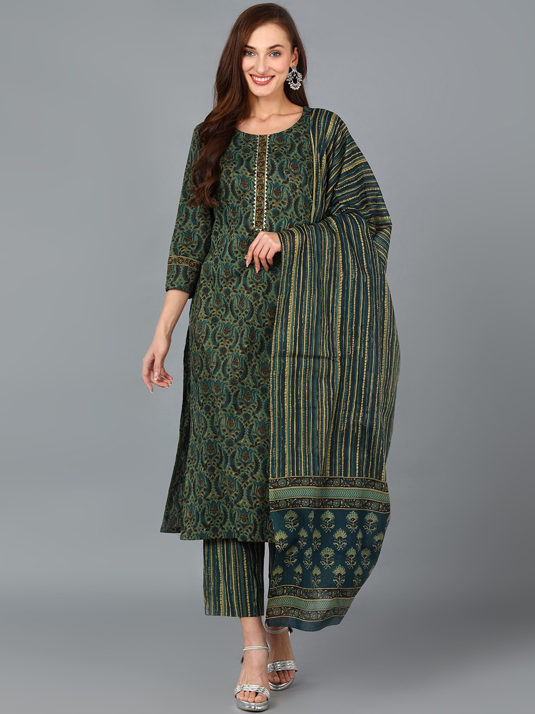 

AHIKA Ethnic Motifs Printed Regular Kurta With Trousers & Dupatta, Green