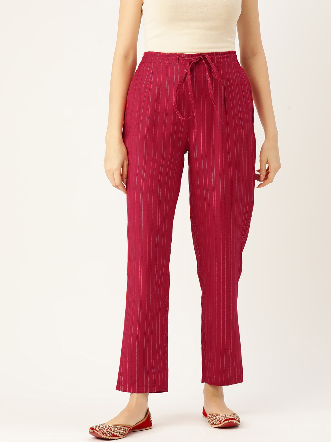 

Rue Collection Women Striped Smart Straight Fit Cotton Trousers, Maroon