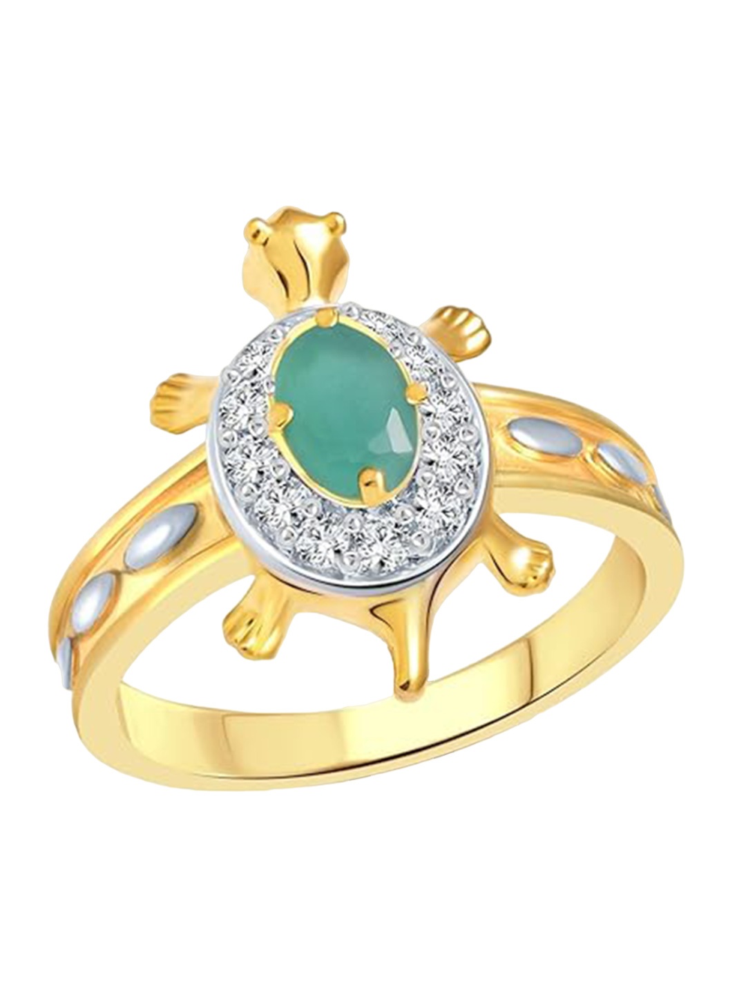 

Vighnaharta Gold-Plated & Rhodium-Plated Emerald & CZ-Studded Tortoise Ring