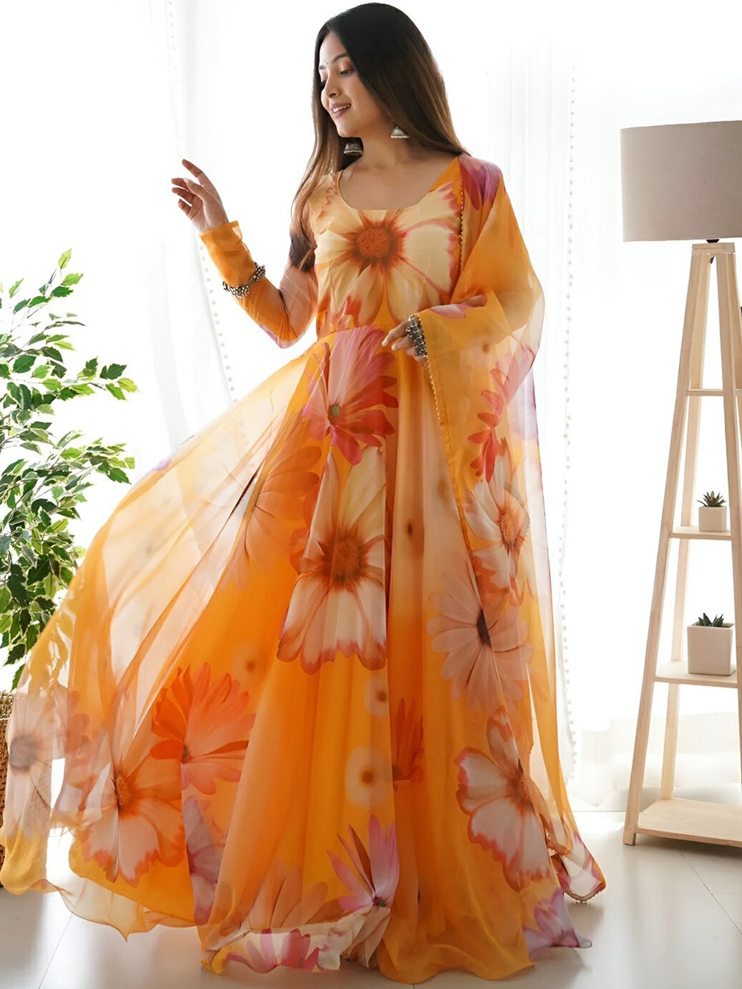 

KALINI Printed Floral Anarkali Ethnic Dress With Dupatta, Orange