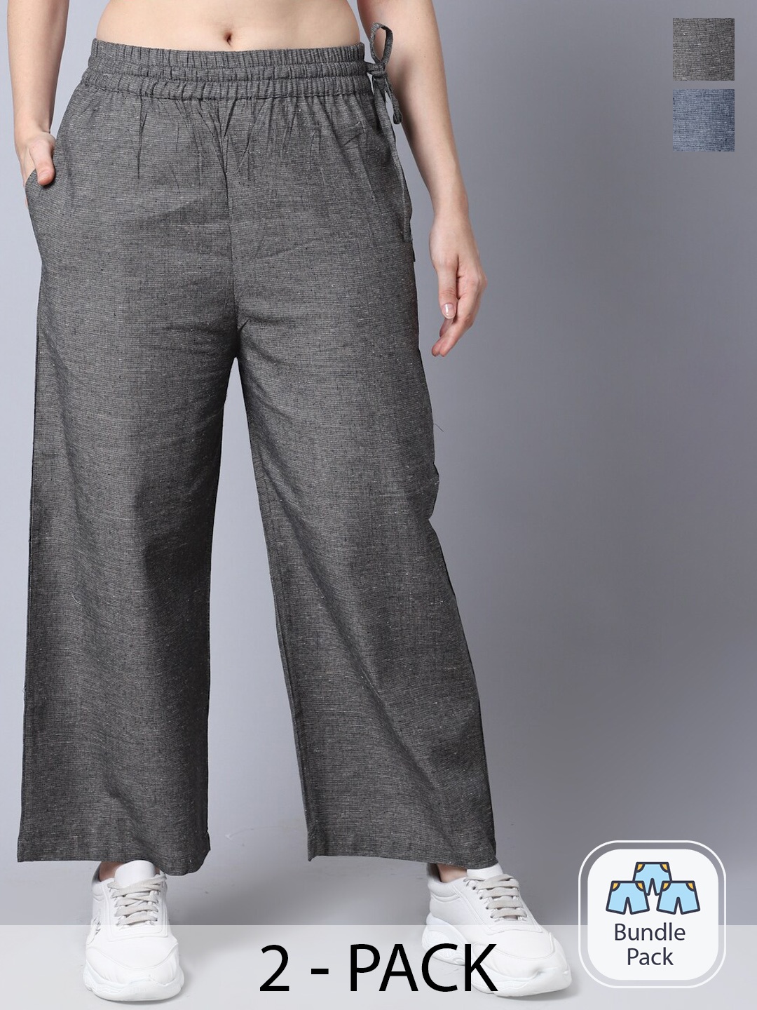 

GRACIT Women Pack Of 2 Linen Parallel Trousers, Black