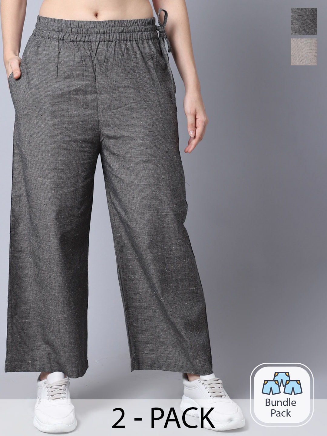 

GRACIT Women Pack Of 2 Linen Parallel Trousers, Brown