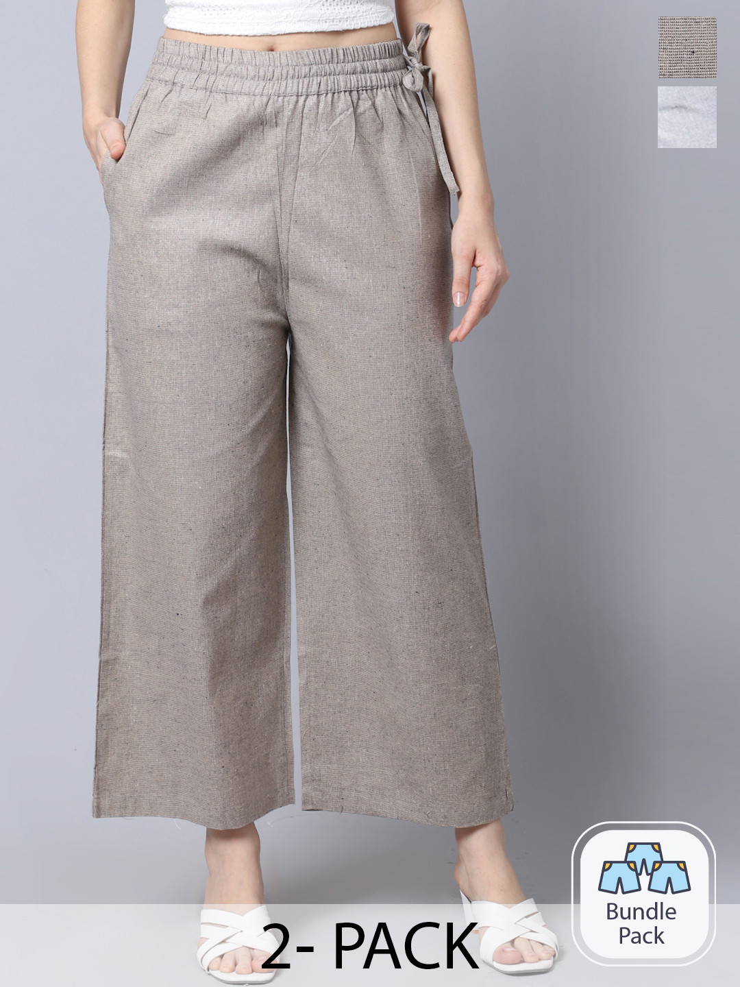 

GRACIT Women Pack Of 2 Linen Parallel Trousers, Grey
