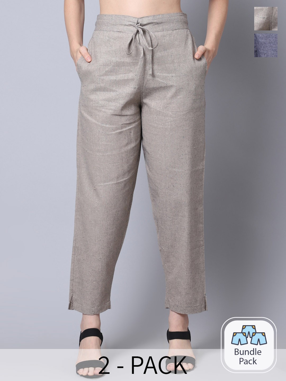 

GRACIT Women Pack Of 2 Linen Trousers, Black