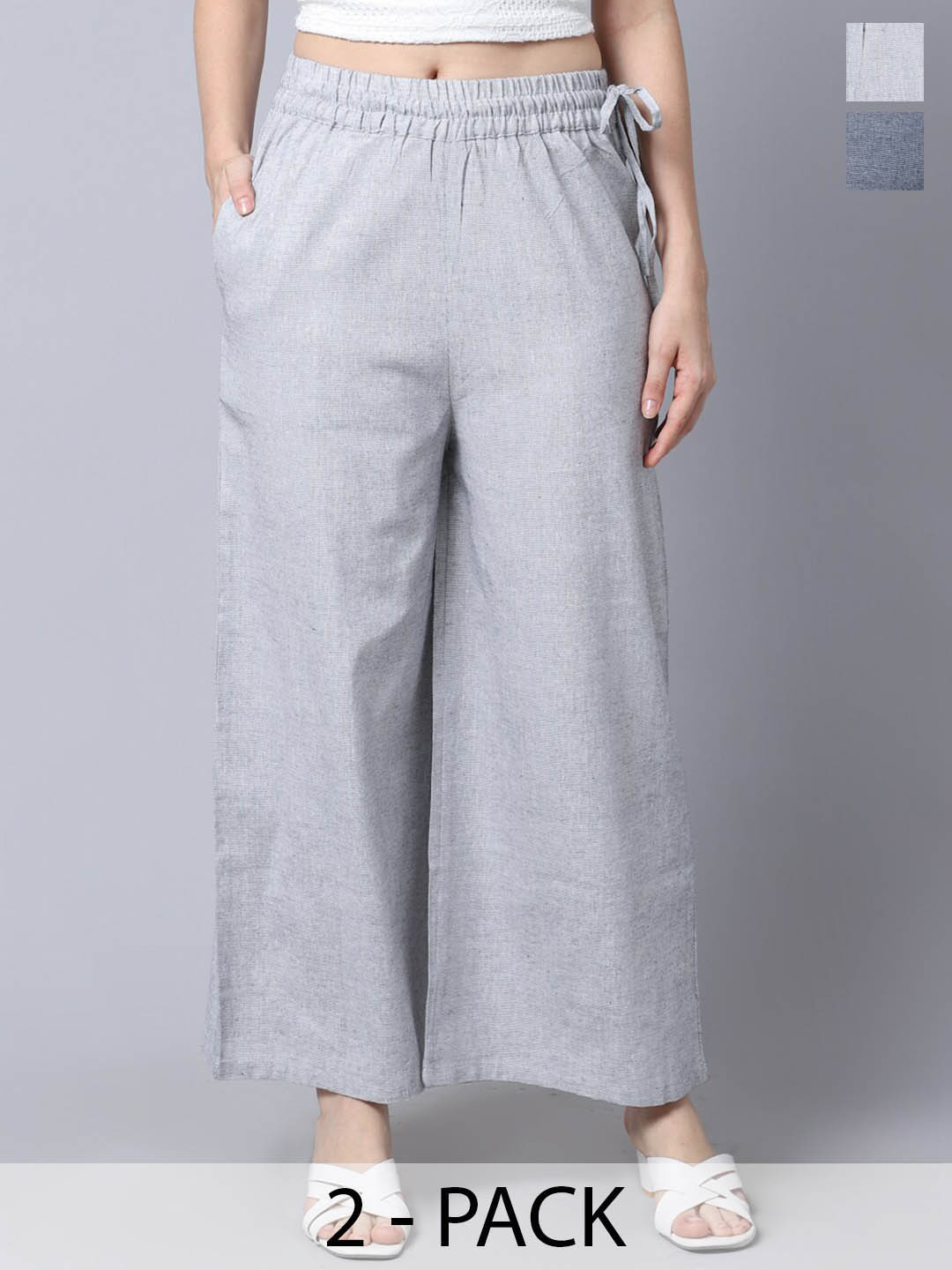 

GRACIT Women Pack Of 2 Linen Parallel Trousers, Black