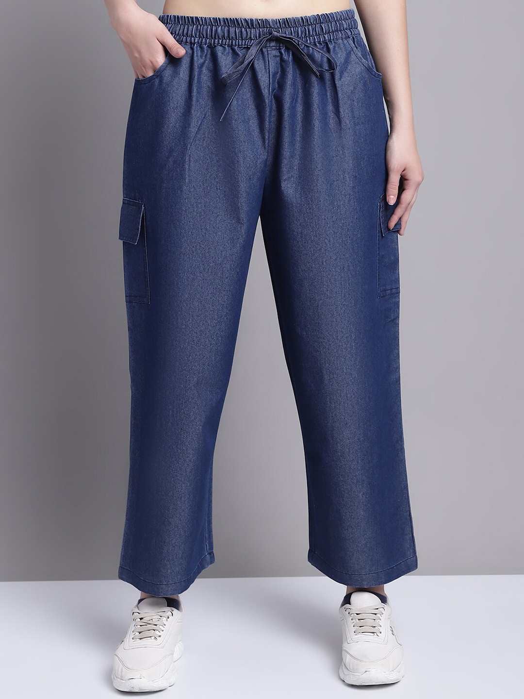 

GRACIT Women Smart Loose Fit Denim Denim Cargo Trousers, Navy blue